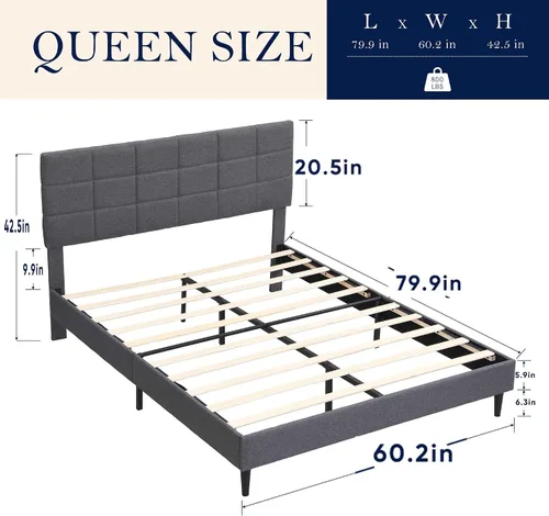 Vista 2 de Base de cama Queen con cabecera de tela, marco de cama tapizado, marco de cama resistente con soporte de listones de madera, base de colchón,