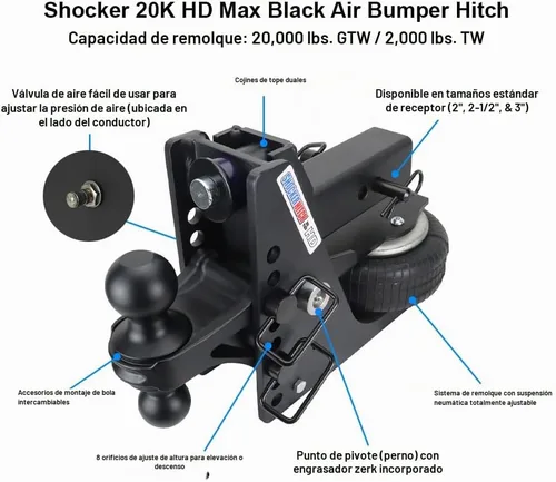 Vista 3 de Shocker HD Max Air Enganche y Bola Combinada, Se Adapta a Enganche de 2-1/2" Combo Negro Bolas de 2" y 2-5/16