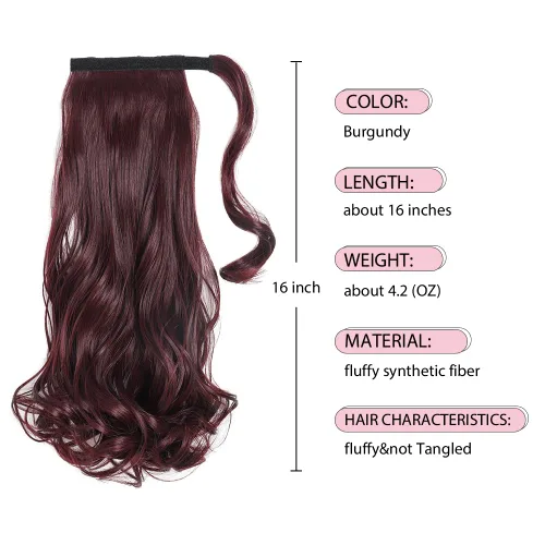 Vista 4 de Extensiones de cabello para cola de caballo, extensión de cola de caballo roja de 16 pulgadas, corta, ondulada, rizada, envolvente, cola de caballo