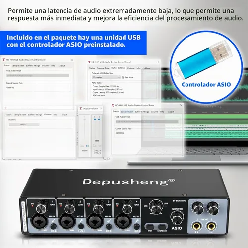 Vista 4 de Depusheng Interfaz de audio USB con controladores ASIO, 24 bits 192 Khz, alimentación fantasma +48 V, baja latencia para grabación de estudio