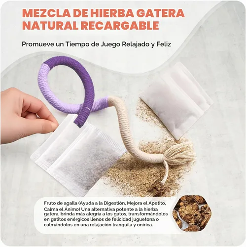 Vista 6 de Jozy Cuerda masticable para gatos, 4 piezas de juguete masticable para gatos con hierba gatera natural recargable, juguetes interactivos