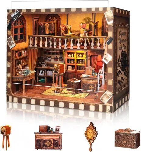 Vista 11 de BELEEV Kit de rincón de libros – Librero de madera en miniatura con luces LED, puerta que se puede abrir, rompecabezas 3D, decoración de estantería