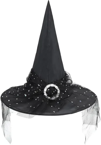 Vista 2 de Zando Sombreros de bruja de encaje para mujer, accesorios de disfraz de Halloween, accesorios de disfraz de bruja plegables para colgar
