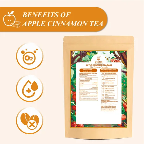 Vista 2 de WT WEETEE Bolsas de té de hierbas de manzana y canela, 60 unidades, mezcla perfecta de canela dulce, hibisco agrio, sabor natural, sin cafeína