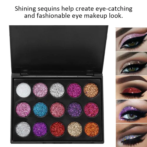 Vista 2 de Paleta de sombras de ojos, paleta de sombras de ojos con purpurina de 15 colores para cosplay, maquillaje de ojos, sombra de ojos brillante, polvo