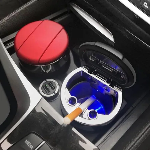 Vista 9 de Cenicero de automóvil con tapa, cenicero portátil para automóvil, bandeja de cenizas sin humo de acero inoxidable con luz LED, cenicero automotriz