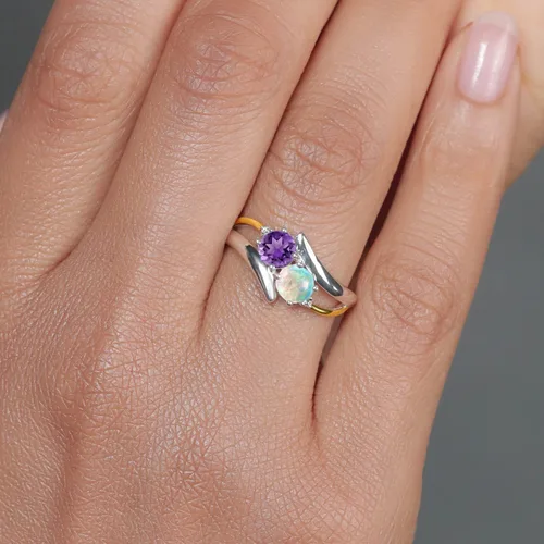 Vista 5 de Gem Stone King Anillo de plata de ley 925 y oro amarillo de 10 quilates ópalo blanco de amatista púrpura y diamante cultivado en laboratorio blanco