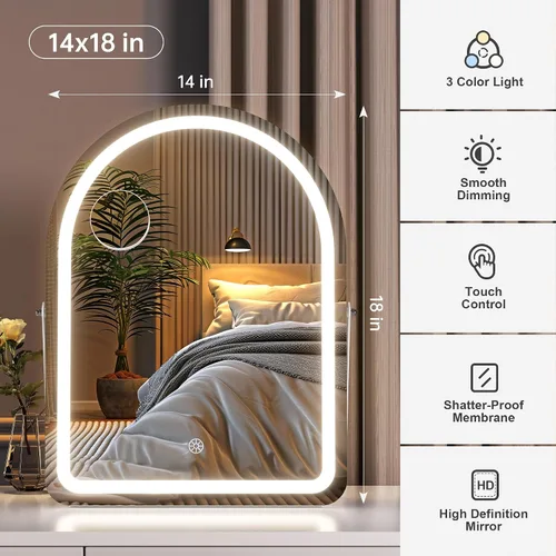 Vista 2 de Hasipu Espejo de tocador con luces, espejo de maquillaje LED arqueado de 14 x 18 pulgadas, espejo de maquillaje iluminado con luces, control táctil