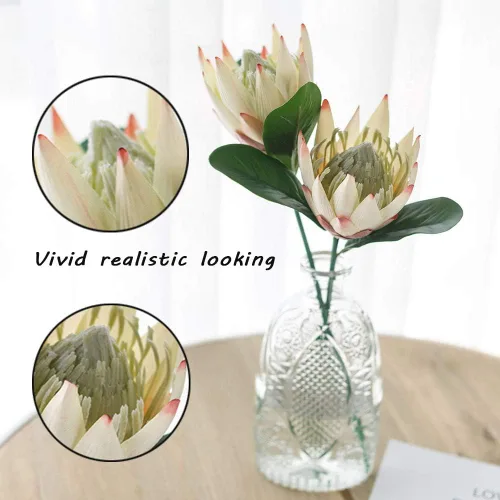 Vista 5 de Flores artificiales de seda falsa, Protea Cynaroides, arreglos florales de plástico, ramo de decoración para centros de mesa de boda, 3 piezas