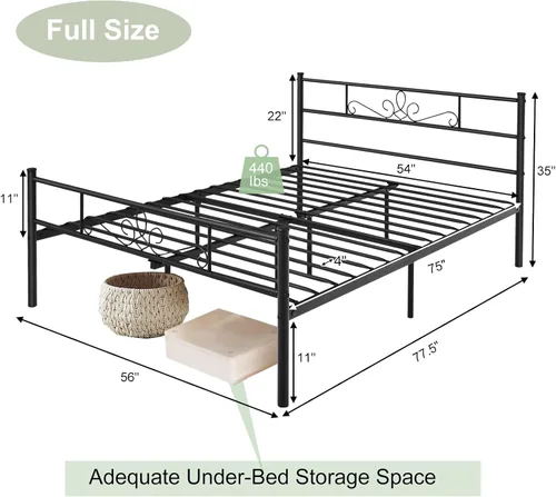 Vista 2 de KOMFOTT Base de cama de plataforma metálica de tamaño matrimonial con cabecera y estribo, base de colchón con listones de metal reforzados,