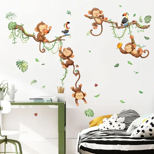 Vista 2 de Calcomanías de pared de árbol trepador de mono, animales de la selva y hojas de vid, calcomanías de pared para guardería, habitación de los niños