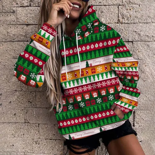 Vista 2 de Sudaderas con capucha de Navidad para mujer, talla grande, casual, holgada, con estampado gráfico, manga larga, cuello redondo, suéter sin botones