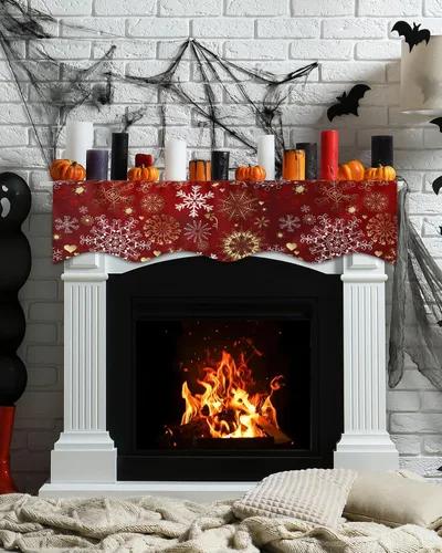 Vista 6 de Bufanda de Navidad para chimenea, copo de nieve, bufanda de mantel de Navidad, bufandas de mantel en la parte superior, bufandas blancas, rojas