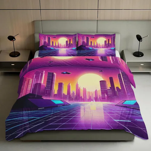 Vista 17 de Vaporwave - Juego de funda de edredón con cierre de cremallera, funda de edredón neón océano de 3 piezas, funda de edredón de microfibra suave con 2
