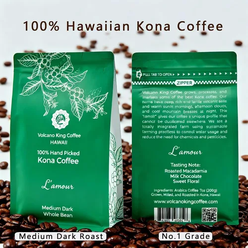 Vista 2 de Granos de café hawaianos Kona, 100% Kona sin mezcla, grado No. 1, tostado medio oscuro, de nuestra finca de café en Hawaii, suave y de baja acidez