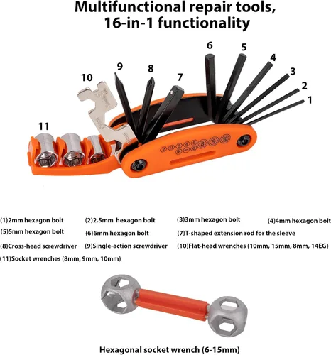 Vista 3 de Kit de reparación de neumáticos de bicicleta con bomba, kit de parche de tubo de bicicleta con múltiples herramientas, palancas de neumáticos