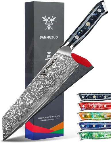 Vista 6 de Kiritsuke - Cuchillo de chef de cocina de 8.5 pulgadas, mango de acero de Damasco y resina de 67 capas, serie Xuan (naranja fantasía)