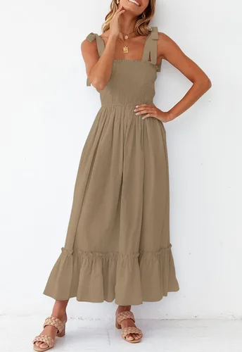 Vista 4 de ZESICA vestido bohemio y liso de verano para mujer acampanado con tirantes delgados cuello cuadrado y volantes vestido largo para la playa