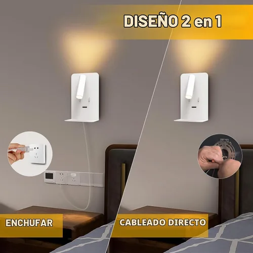 Vista 3 de ZEROUNO Lámpara de pared para dormitorio, luz de lectura montada en la pared, apliques de cabecera LED con interruptor Puerto USB Lámparas de Blanco
