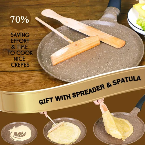 Vista 2 de DIIG Sartén antiadherente para crepas de 11 pulgadas con espátula esparcidora, sartén para panqueques antiadherentes para cocinar, plancha marrón
