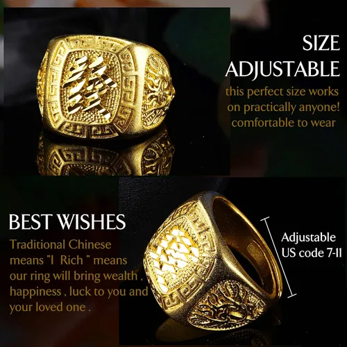 Vista 3 de Besteel Juego de 4 anillos chapados en oro para hombre, anillo Kanji RicSuerteBendición de la riqueza, juego de anillos de la suerte