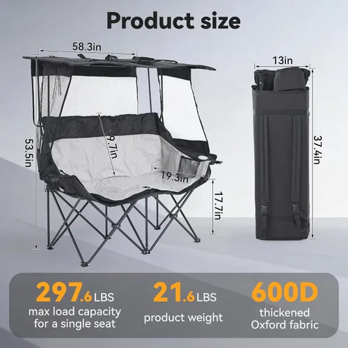 Vista 3 de Sillas de campamento dobles con toldo plegable, silla de playa resistente, de gran tamaño, silla de dos plazas acolchada para exteriores, para 2