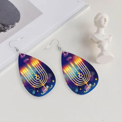 Vista 4 de Happy Hanukkah Jewish Janucah Holiday - Aretes de cuero con forma de lágrima de doble cara para mujeres y niñas, decoración colgante, regalo