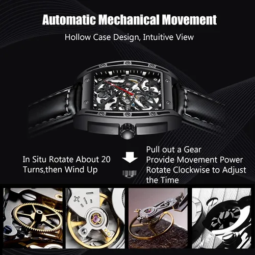 Vista 3 de RORIOS Reloj mecánico automático para hombre, con correa de piel, reloj luminoso, reloj de viento automático Tonneau