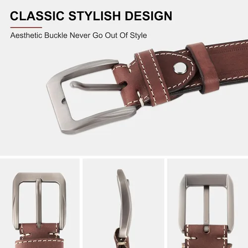 Vista 3 de Cinturón de cuero de grano completo para hombre, piel de vaca auténtica, 1.5 pulgadas de ancho, perfecto con jeans y pantalones de trabajo