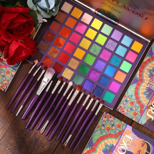 Vista 5 de UCANBE EXOTIC FLAVORS - Paleta de sombra de ojos + 15 brochas de ojos, juego de maquillaje de 48 colores neón brillante mate, sombra de ojos Po.