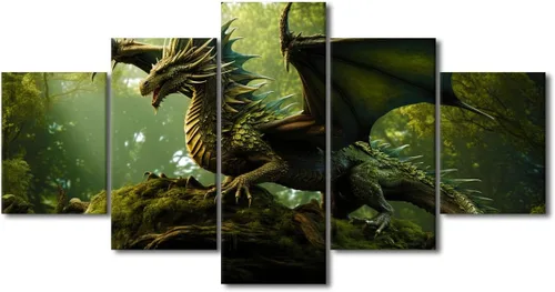 Vista 66 de Lienzo decorativo para pared de sala de estar, lienzo de dragón, 5 paneles, dragón verde, decoración de pared para el hogar, decoración de pared