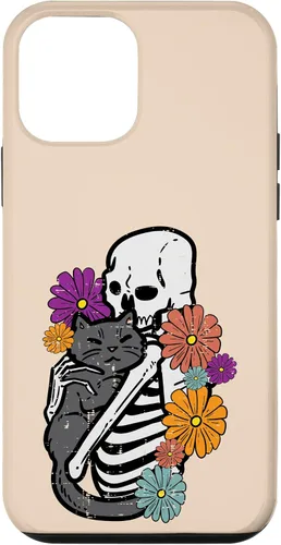 Vista 12 de iPhone 15 esqueleto abrazando flores de gato negro Halloween mujeres niñas caso