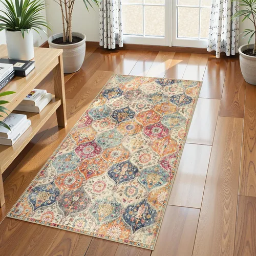 Vista 46 de Lahome - Alfombra marroquí antideslizante y lavable, pequeña alfombra oriental para dormitorio, cocina, entrada, baño, entrada, 61 x 91 cm, crema