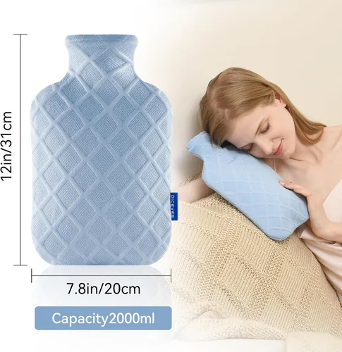 Vista 4 de Botella de agua caliente con tapa suave, bolsa de agua caliente de 2 L, terapias calientes y frías para dolores musculares, calambres menstruales
