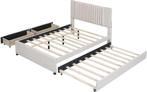 Vista 4 de MERITLINE Base de cama de tamaño matrimonial de madera con nido y cajones de almacenamiento, plataforma tapizada con cabecera y soporte de listones