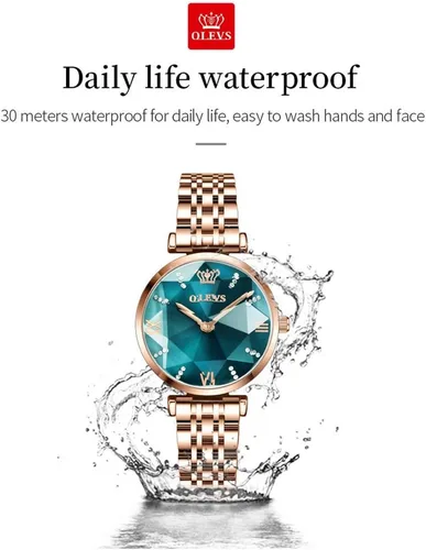 Vista 6 de OLEVS Reloj prismático con diamantes de moda, relojes de lujo para mujer, reloj de cuarzo analógico de acero fino y elegante Verde-Face