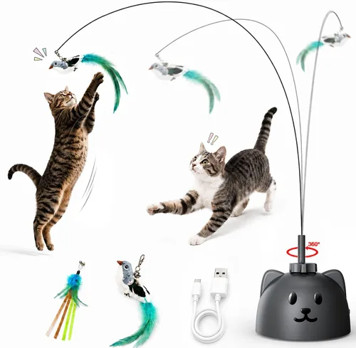 Vista 11 de Juguetes interactivos para gatos de interior: Varita de plumas de ave voladora con giro automático de 360° mejorada con varilla protegida de Blanco