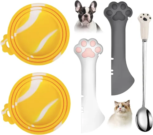 Vista 8 de Juego de 5 tapas y cucharas para latas de comida para mascotas, fundas de silicona para latas de comida para perros y gatos 2 lids fit most cans