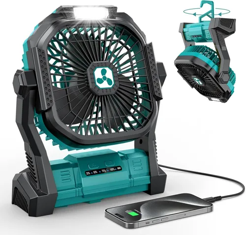 Vista 13 de ONLYNEW Ventilador portátil recargable de 20000 mAh, ventilador alimentado por batería inalámbrica con linterna LED, USB C operado por batería