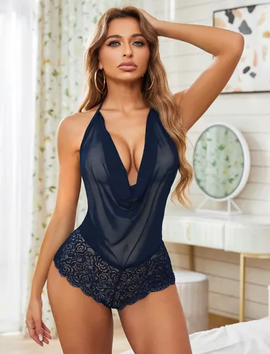 Vista 4 de Avidlove - Traje de lencería sexy para mujer, diseño de peluche, una pieza, con encaje, cabestro