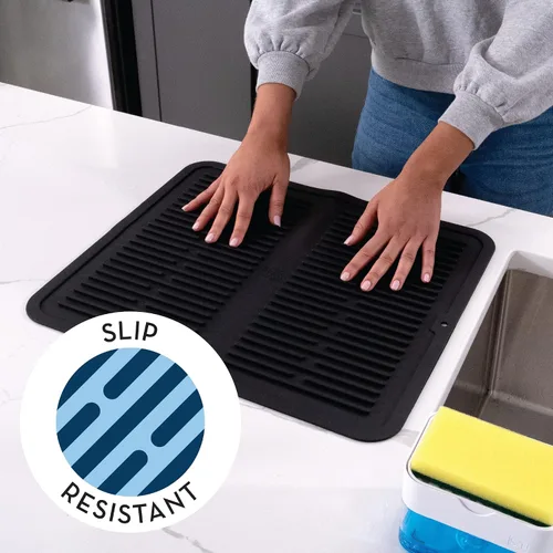 Vista 3 de S&T INC. Tapete de silicona para secar platos para encimera de cocina, 16 x 18 pulgadas, color negro