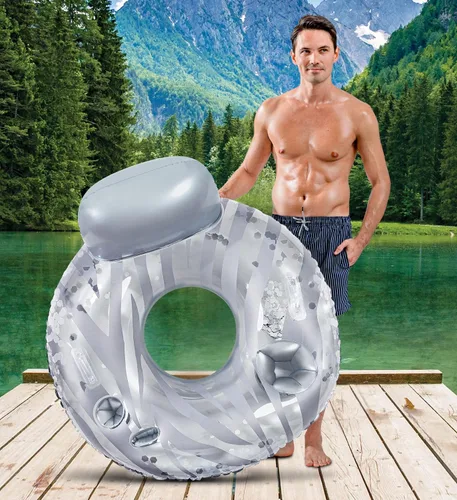Vista 7 de POZA Tubos inflables de lujo con respaldo – Tumbona de lujo llena de confeti con brillo plateado, tubos gruesos flotadores de piscina, teléfono