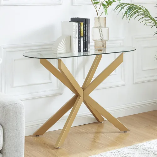Vista 9 de Moderna mesa consola ovalada de vidrio, mesa de sofá estrecha para entrada, entrada, sala de estar, vestíbulo, pasillo, oficina, 45 pulgadas de Negro