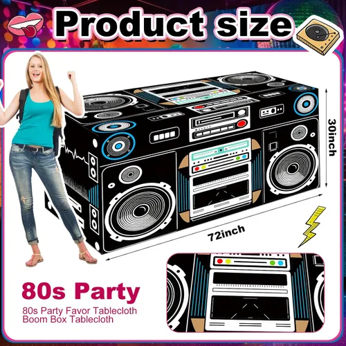 Vista 3 de Oudain Mantel Temático de los Años 80s y 90s de 6 Pies, Suministros para Fiesta de Cumpleaños de los 80s, Decoración de Fiesta Hip Hop, Mantel