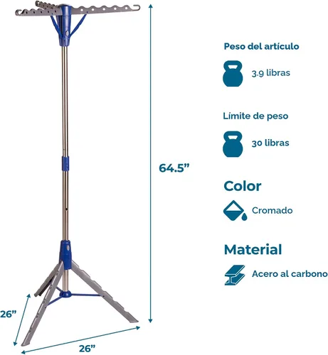 Vista 6 de Honey-Can-Do Trípode de secado de ropa de acero de 64 pulgadas plegable – Estante de ropa colapsable que ahorra espacio, soporte para secadora