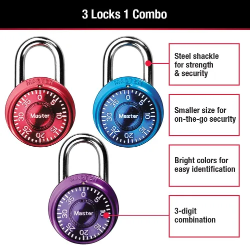 Vista 2 de Master Lock 1533TRI mini candados de combinación en azul, morado y rojo, paquete de 3, Púrpura, 1533TRI
