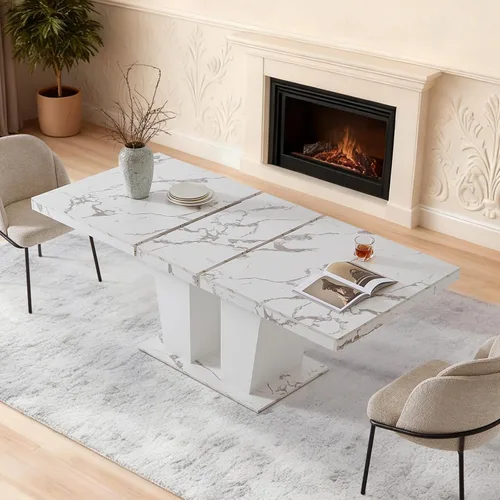 Vista 10 de Mesa de comedor extensible de 63 a 79 pulgadas para 4-8 rectangular de madera expandible con base acanalada para comedor, cocina, sala de estar