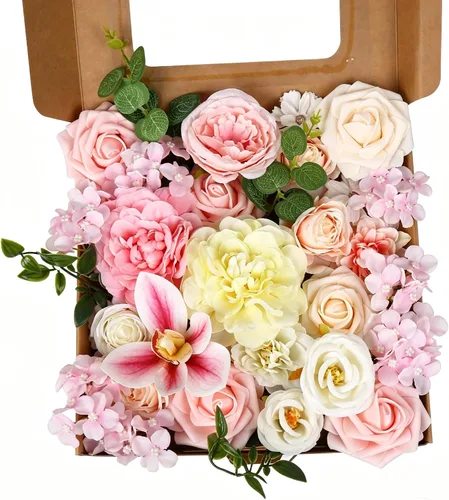 Vista 10 de Caja de flores artificiales azul marino, rosas de dalias de seda con tallos para manualidades, ramos de boda, centros de mesa, arreglos, decoración
