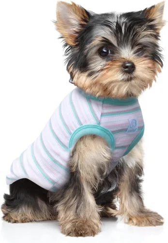 Vista 5 de Camisetas a rayas para perros y gatos, 102 % algodón, para perros y gatos pequeños, ropa sin mangas para cachorros para Chihuahua, verde Yorkie