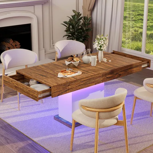 Vista 9 de Mesa de comedor de 55 pulgadas para 4 a 6 personas, mesa de comedor de madera de granja con cajones y almacenamiento abierto para cocina, comedor